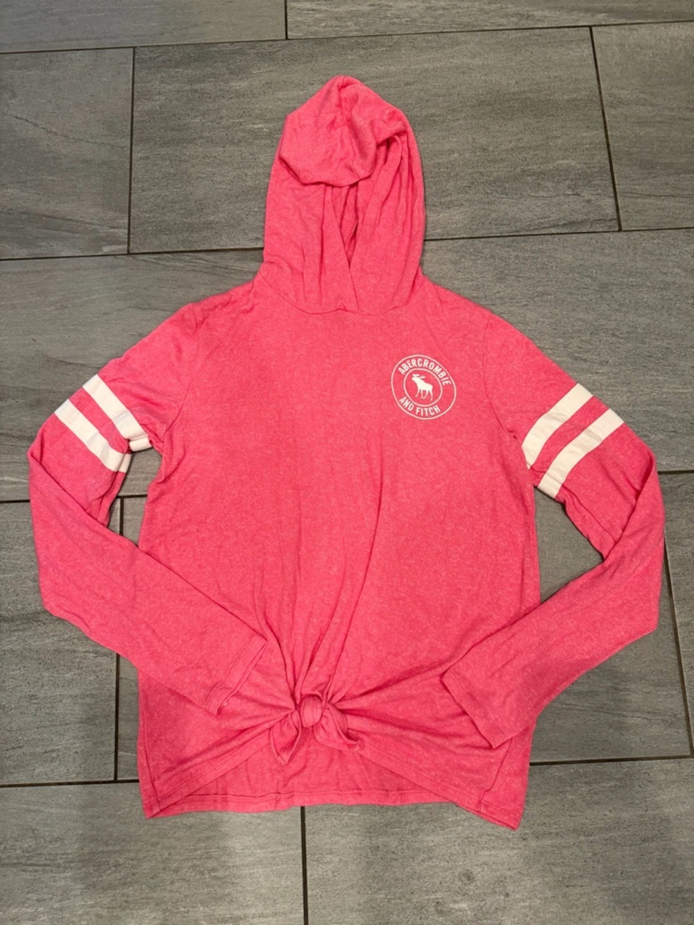 Abercrombie & Fitch Pink Hooded Long-Sleeve Top with White Sleeve Stripes